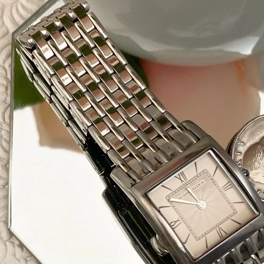 BCBGMaxAzria Stainless Steel Tank Style Dress Watch Roman Numerals